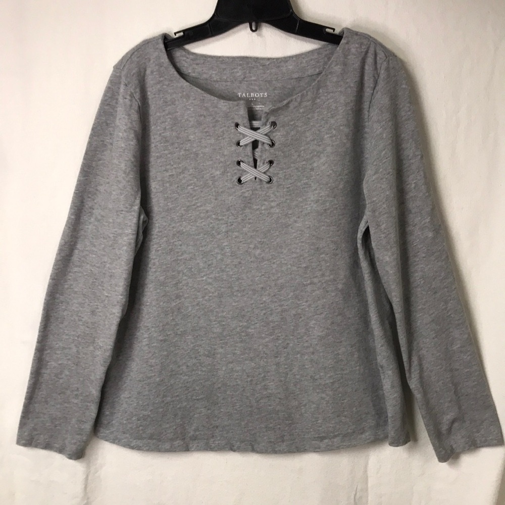 TALBOTS Women’s Tunic Sweatshirt Top Gray Size Large Laced V Neck Casual